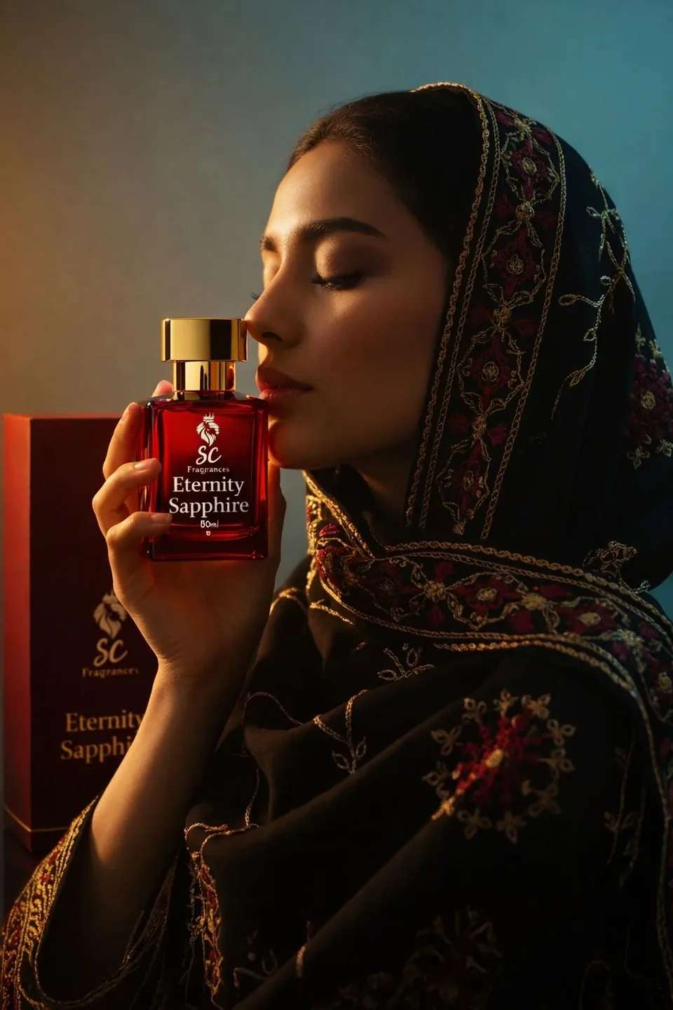 Woman wearing Eternity Sapphire by SC Fragrances